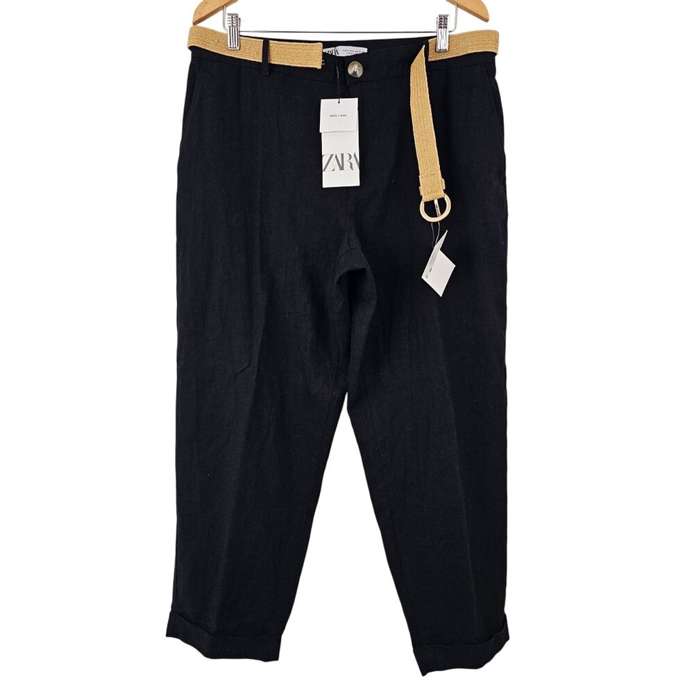 ZARA Womens Sz 10 Linen Blend Straight Leg Pants Office Siren Casual Work NWT